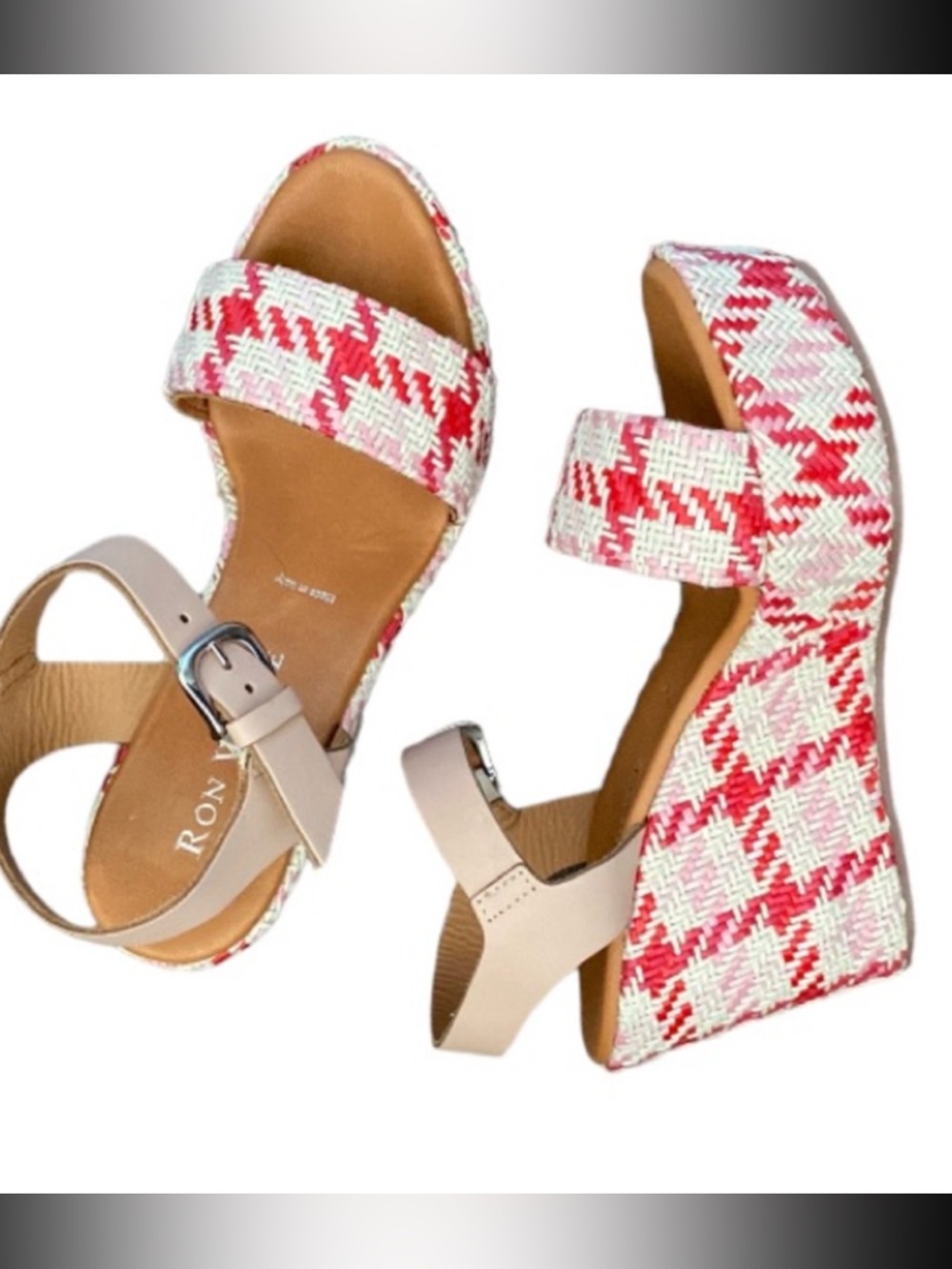 NWOT Ron White Italian Made Platform Wedge White Red Tweed Sandals Size 40
